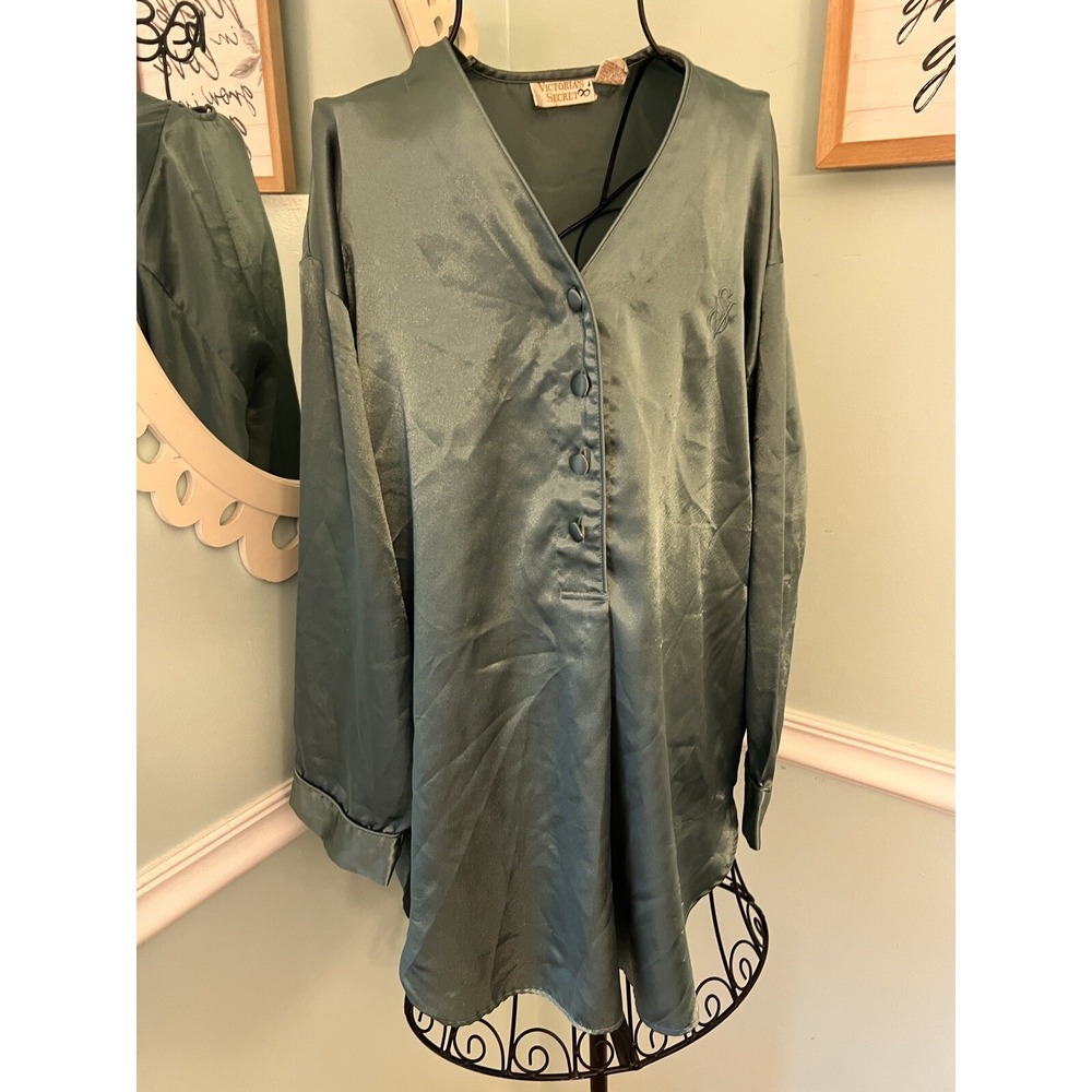 Victoria's Secret Gold Label P Small Green Satin Shirt Dress Sleep Pajama